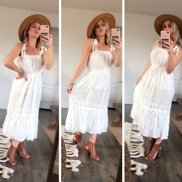 Soft White LACE MIDI Dress w/tie straps - Picture 6 of 8